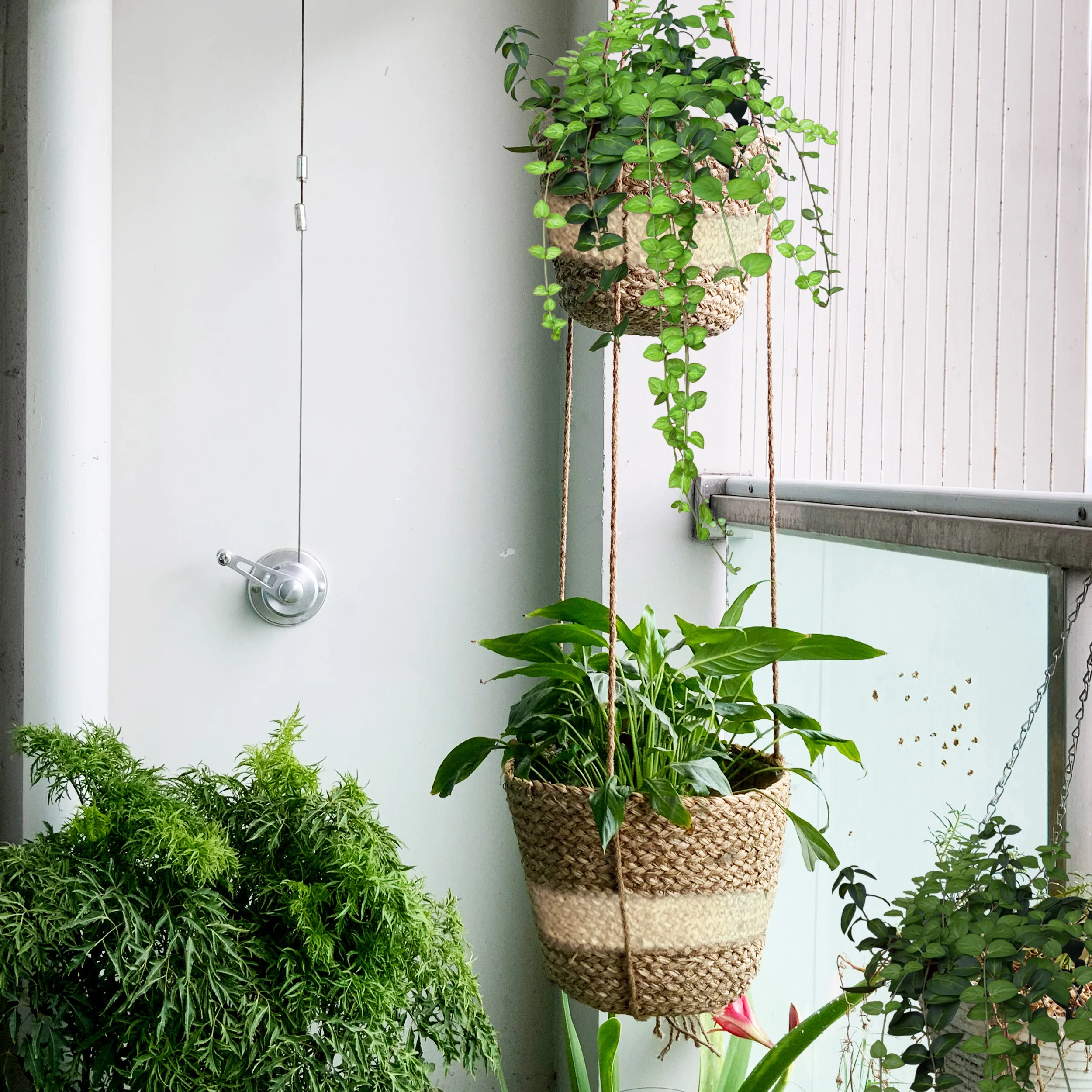  Недорогой изящный Плетеный двойной подвесной водонепроницаемый пластиковый горшок для растений веревка цветочный уличные комнатные растения деревенский