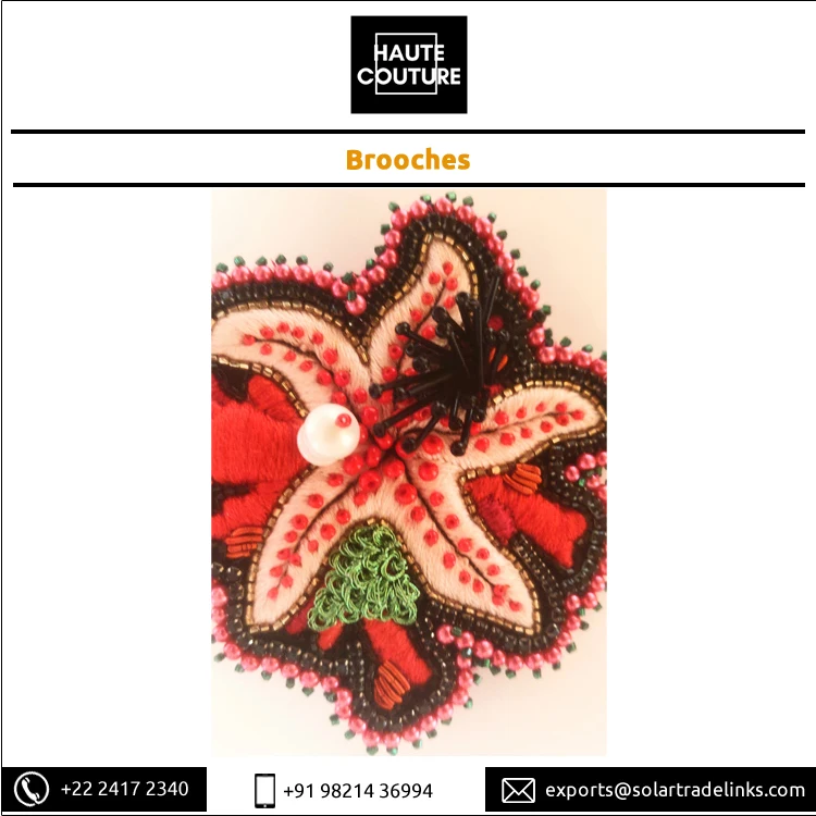 Custom Brand 9 cms Bullion Kora Silk Thread Embroidered Handmade Miyuki Beads Made Starfish Coral Brooches at Bulk Price