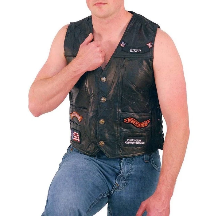Patched Up Leather Biker Vest Motorcycle Motor Bike Men Vest with Patches