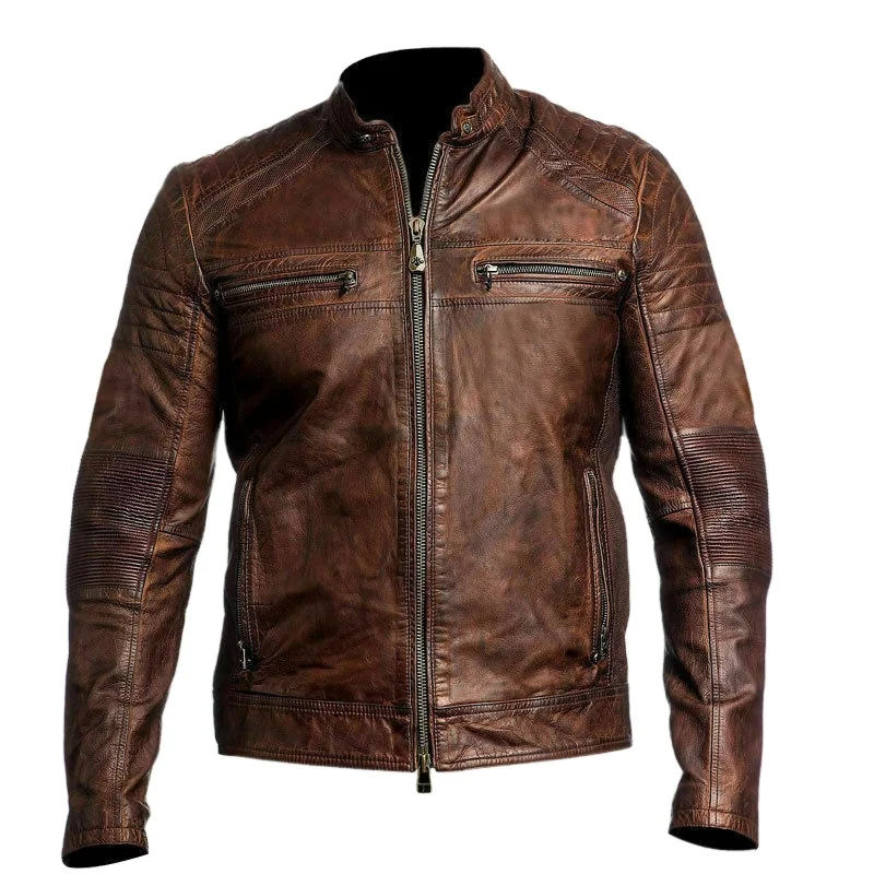 2020 New Arrival Classic Diamond Motorcycle Biker Jacket Brown Distressed Vintage real Leather Jacket