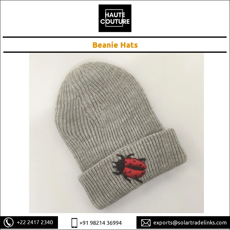 Unisex 23 cm x 20 cm Winter Season Knitted Beanie Hat Hand Embroidered Beetle Design for Outdoor & Daily Use for Adults
