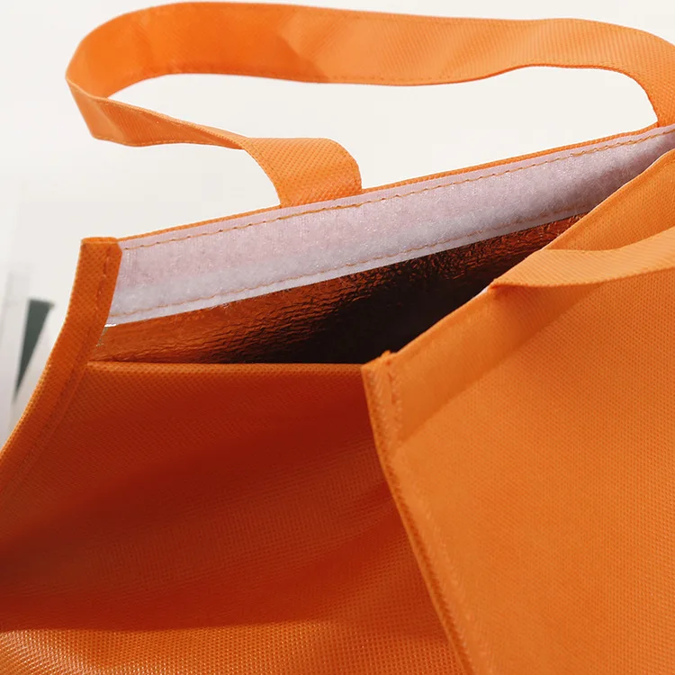 plain orange non woven insulated camping foldable picnic soft cooler lunch bag with velcro closure cake fast food take away