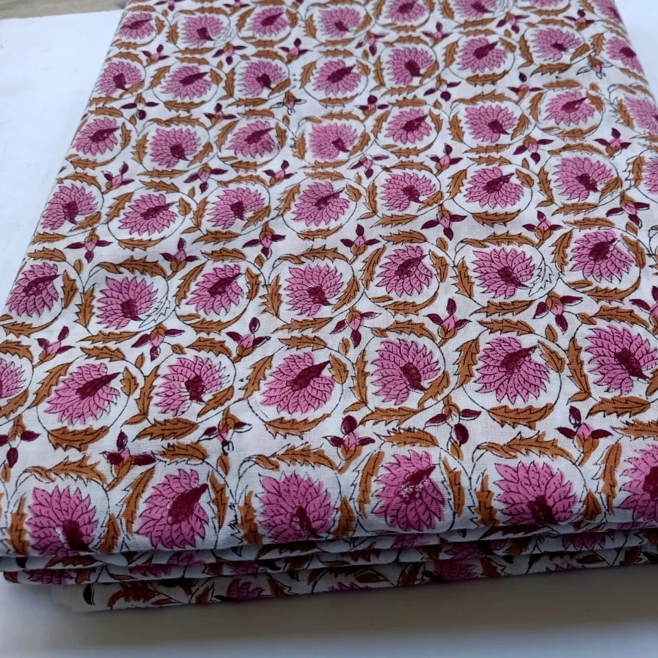 Round Flower Pattern fabric in Hand Block Print in Pure Cotton