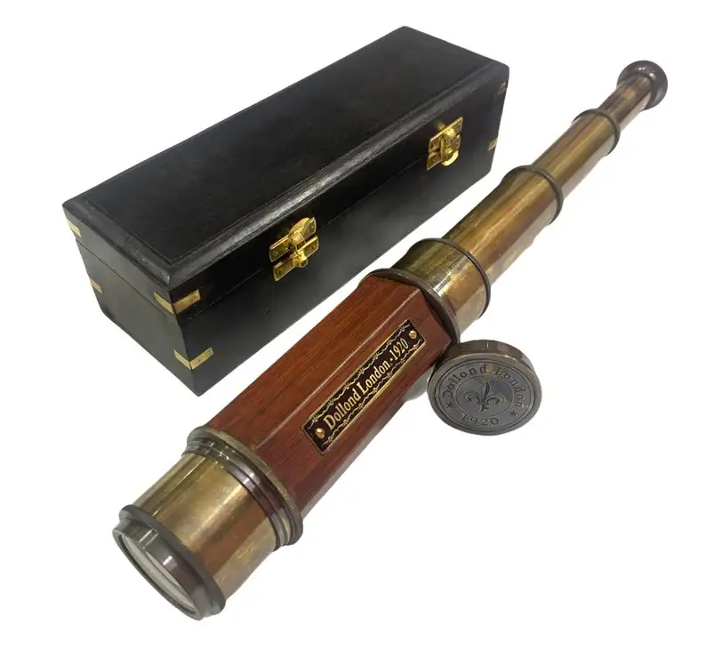 Nautical Telescope, Marine Brass & Leather Pirate Telescope, Spyglass Hexagon Shape Telescope with Wooden Box Telescope