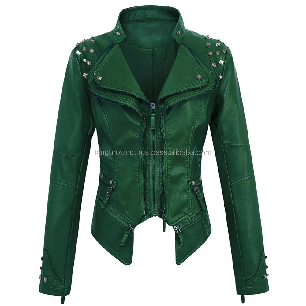  Женская модная Байкерская красная куртка из натуральной кожи с шипами