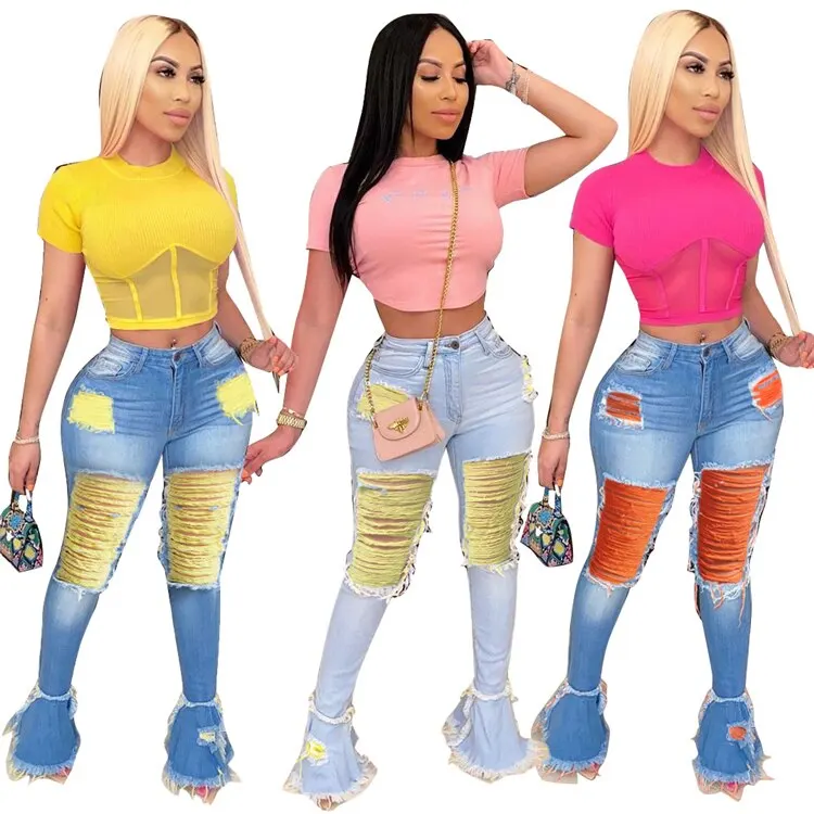 
H5323 latest design denim jeans pants women bell bottom high waist trousers 