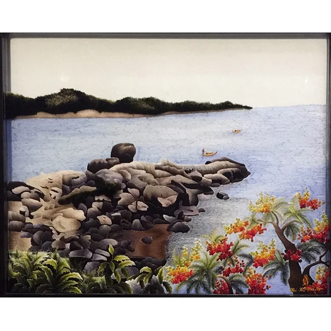 Vietnamese Traditional Embroidery Artworks Sound Of The Ocean Seascape Two Sides Hand Embroidery Paitings