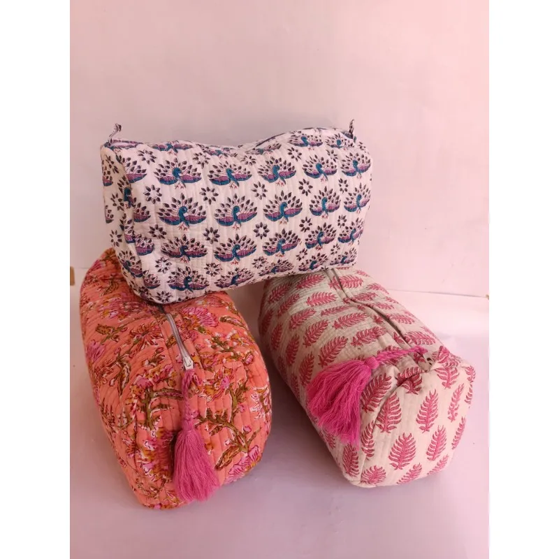 Fashion Cotton Floral Print Cosmetics Convenience Bag Cosmetic Bags Hand Block Printed Cotton Quilted Cosmetic Pouches Bag