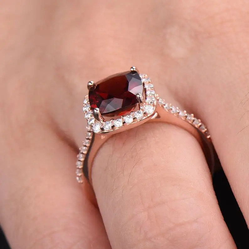 Обручальное кольцо с гранатом обещания красным покрытое розовым золотом CZ Halo серебро 925 пробы свадебное ПАВЕ