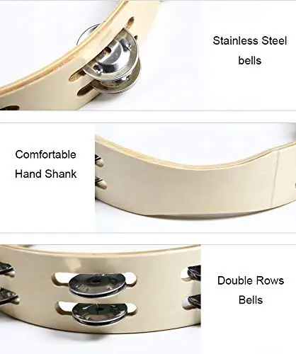 S Hand Held Wood Headless Tambourine Bell,Double Row Jingles Belly Dancing Musical Instrument
