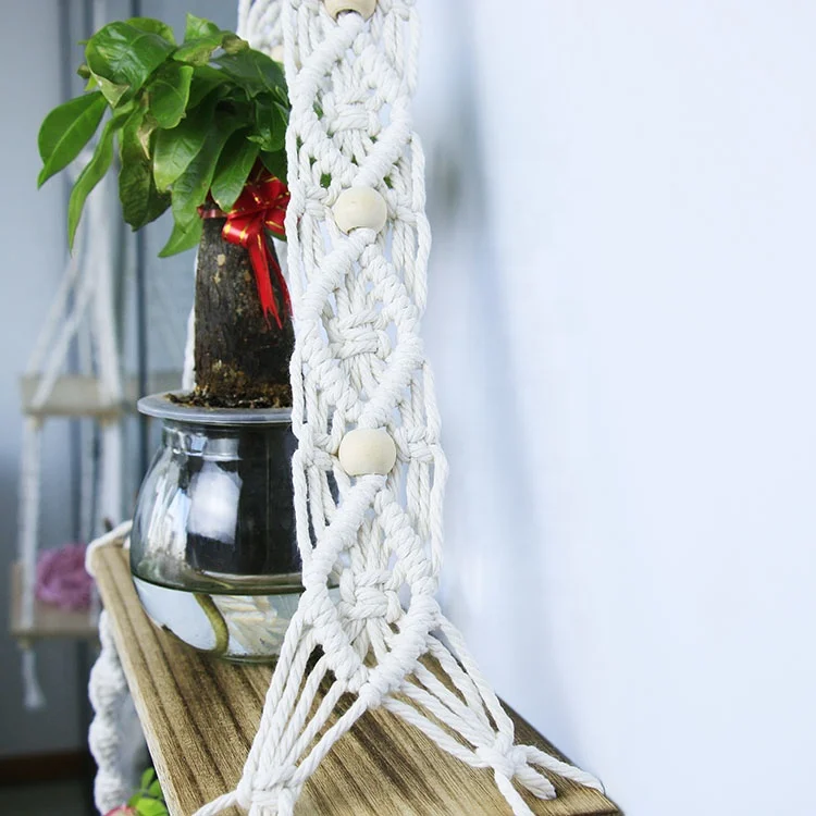 double shelf  macrame wooden  floating shelf plant pot hanger rope plant hanger