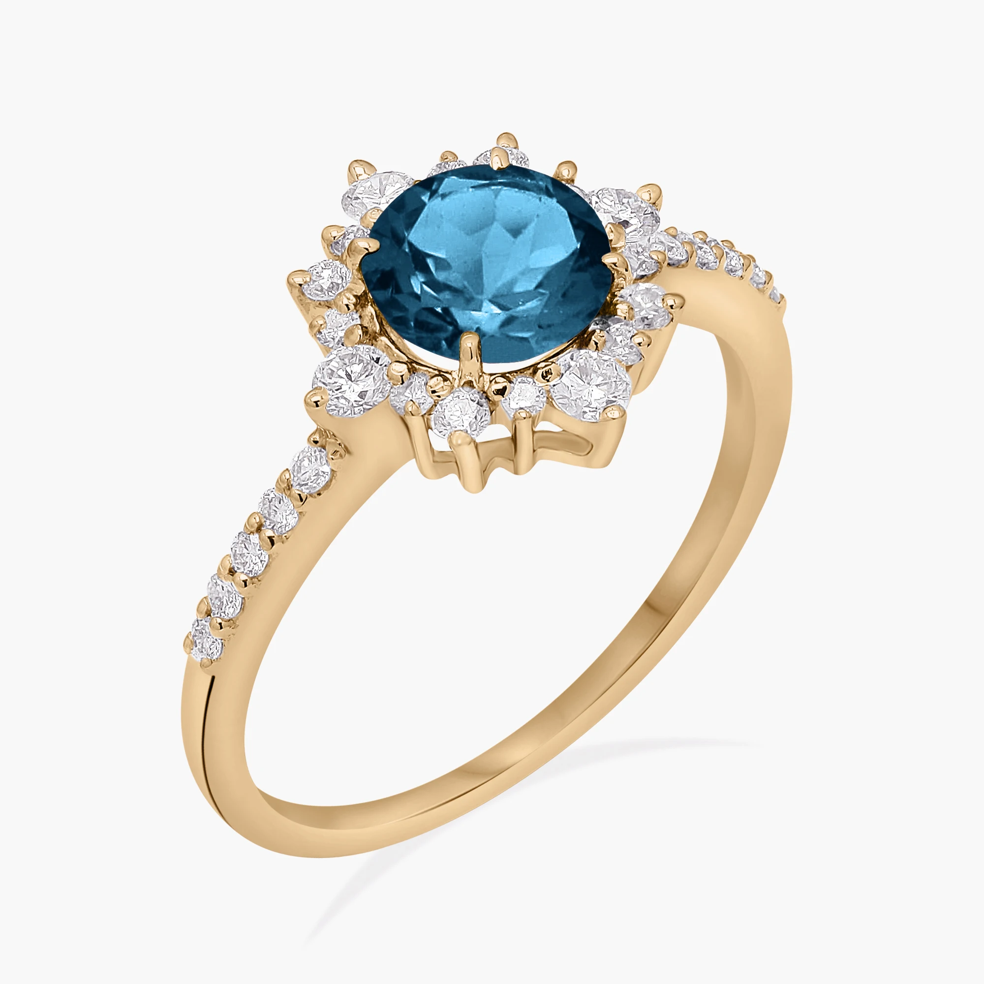 Кольцо с натуральным лондонским голубым топазом, круглое кольцо с драгоценным камнем, золото 14 карат, кольцо с топазом с бриллиантами, массивное кольцо