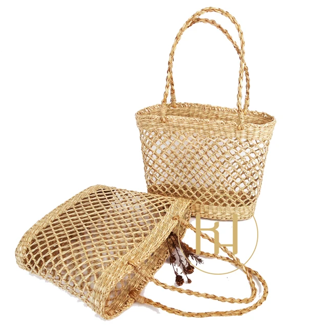 Eco Friendly Vietnam Wholesale Summer Beach Bucket Shape Square Market Shopping Alibaba Amazon Woven Handbag Open Seagrass Bags