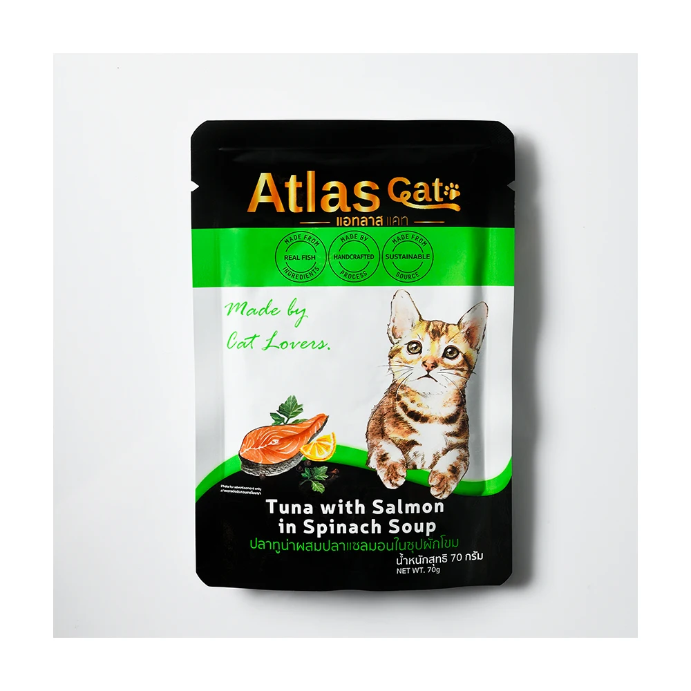 Кошка атласная с тунцом и лососем в супе из шпината 70 г-вкусная кошка влажная еда с витамином А Премиум еда для домашних животных из Таиланда
