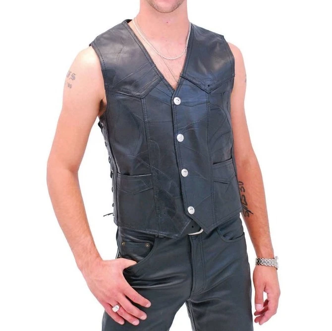 Patched Up Leather Biker Vest Motorcycle Motor Bike Men Vest with Patches