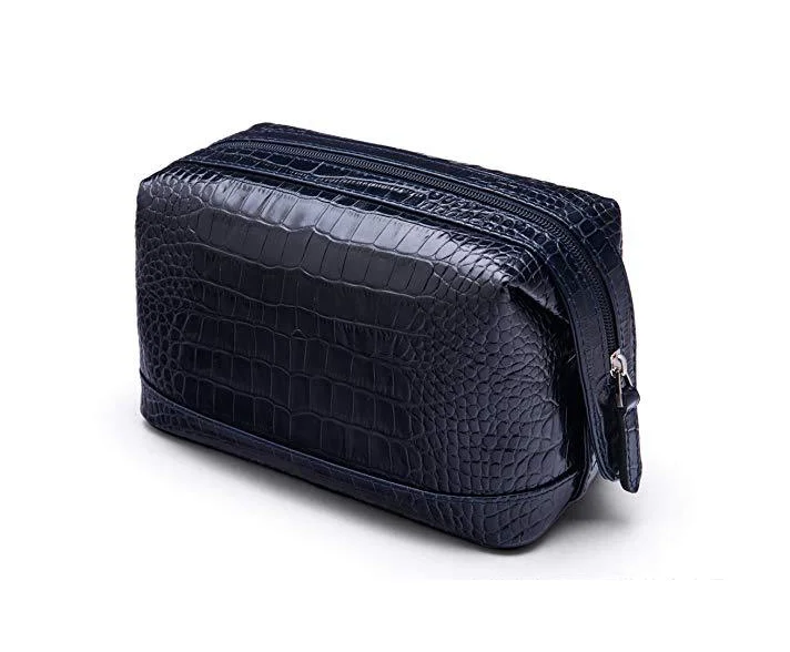 Fashion Zipper Leather Wash Crocodile Embossed Travel Toiletry Bag Travel Genuine Leather Cosmetic Men