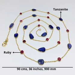 Sterling Silver 925 Fashionable and Precious Ruby & Tanzanite Gemstones 90 cms. Long Chain Trendy and Adjustable Charm Necklace
