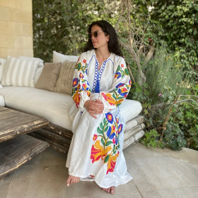 Soft Linen Cotton Relaxed Holidays Ukrainian Embroidery Dress Summer Bohemian Abaya Muslim Arabic Long 2020