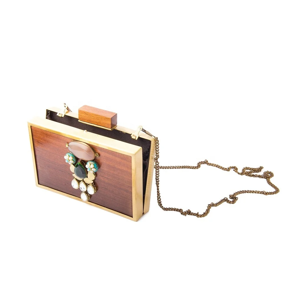 Genuine Natural Wooden And Brass Stylish Clutch Hand Bag New Design Women Evening Clutch Unique Handbag Purse