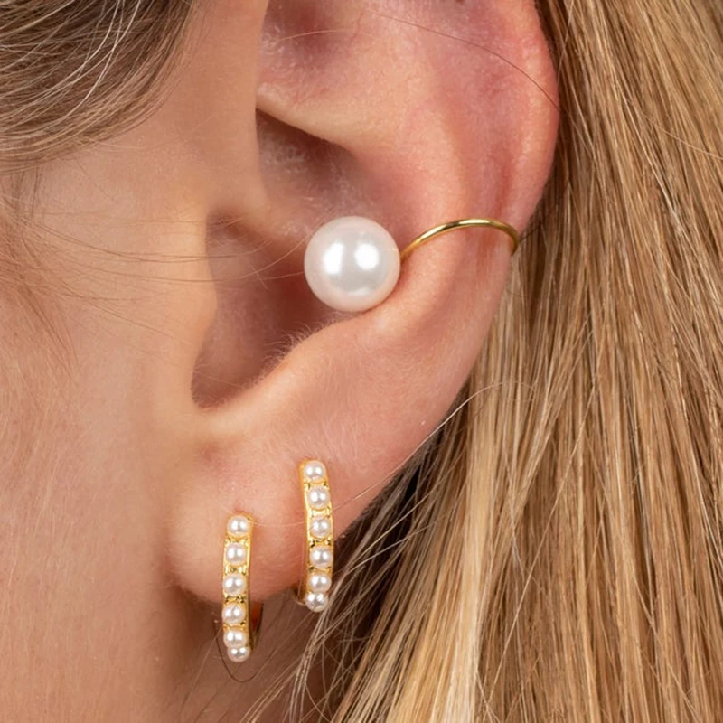 CANNER Popular Minimalist Wholesale Jewelry 18K Gold Plated 925 Silver Pearl Huggies Hoop Earrings