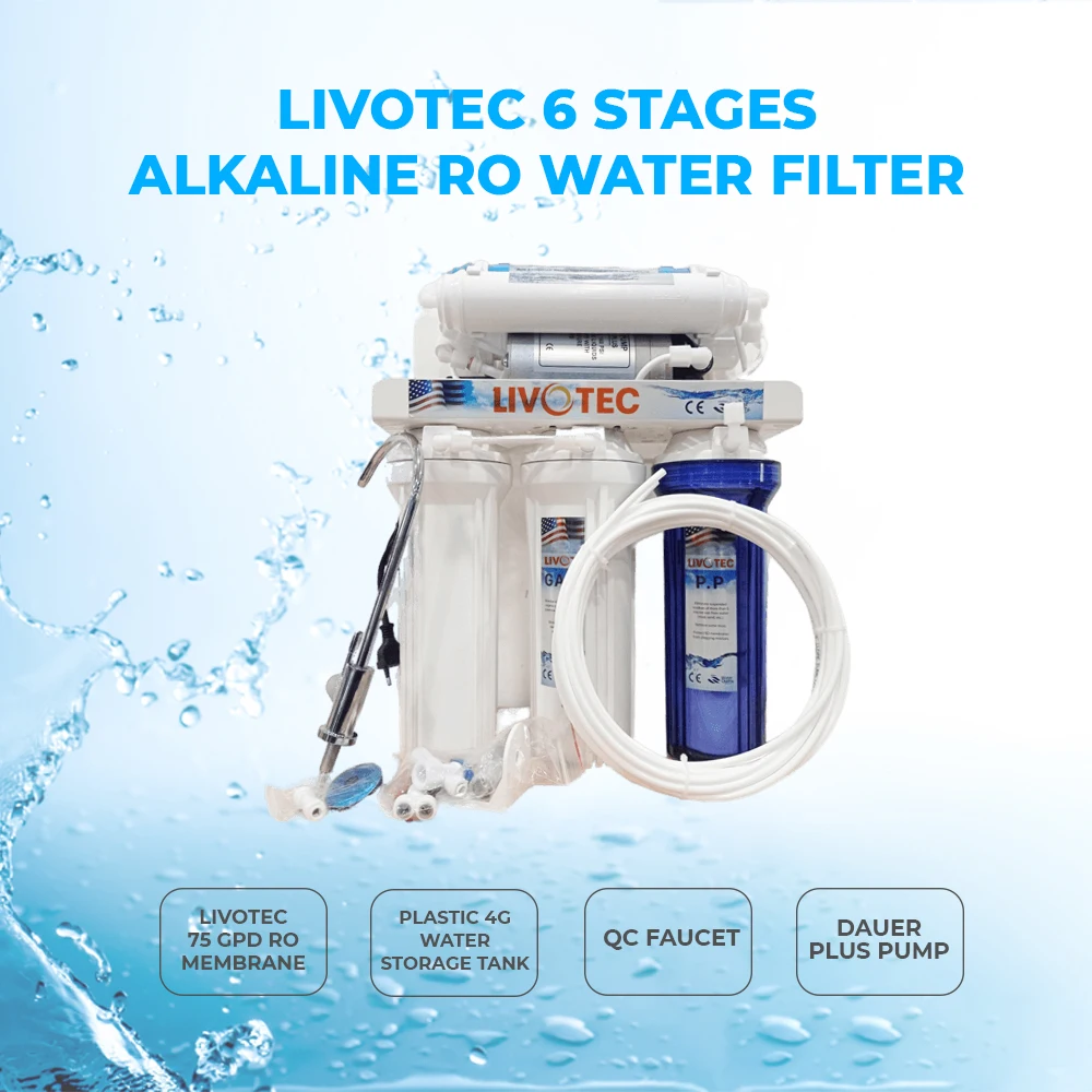 6 Stage Alkaline RO Water Filter LIVOTEC with 75 GPD RO membrane and 4G Plastic water storage tank
