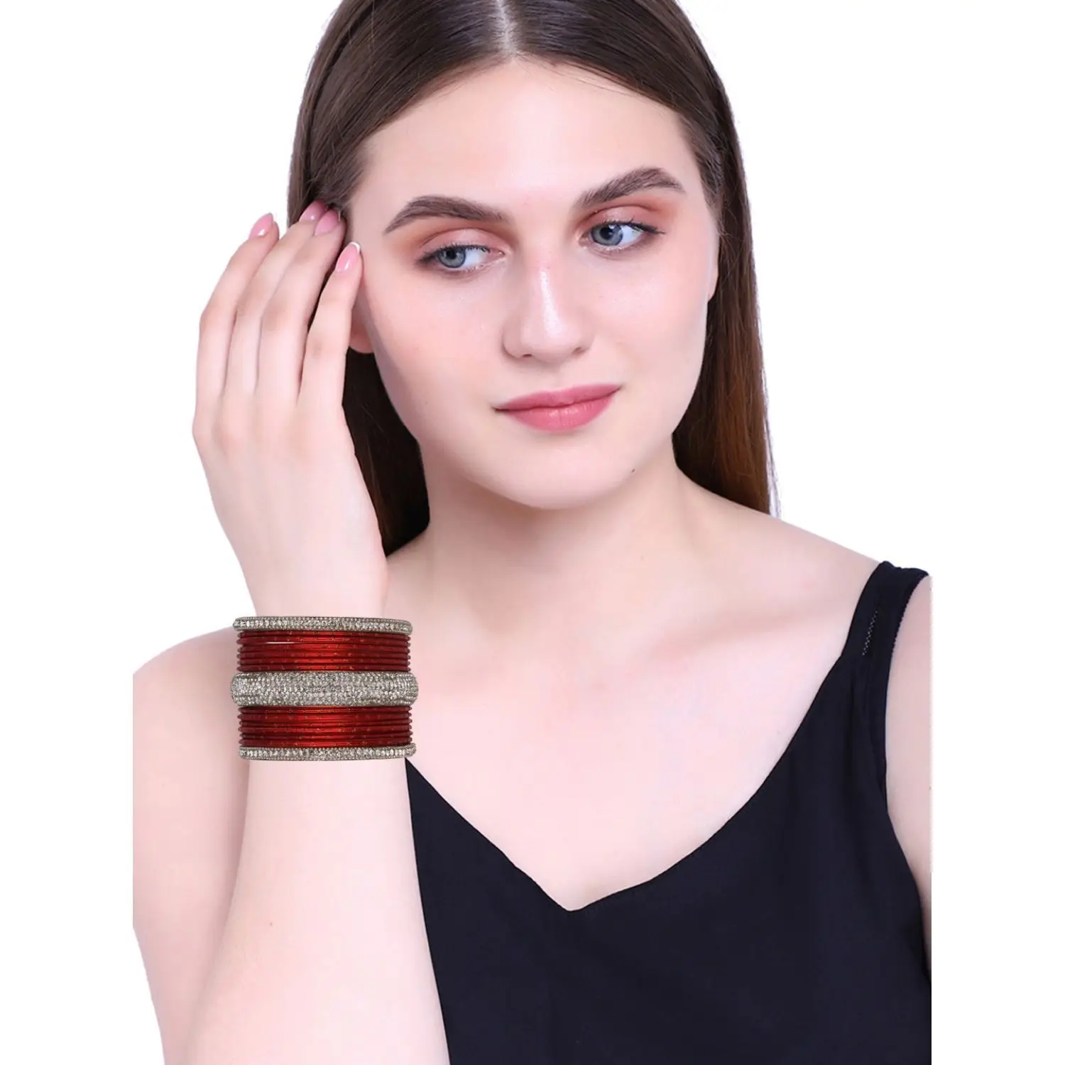 Indian Bangle Set CZ Crystal Glossy Plain Metal Bangle Bracelet Bridal Jewelry Wholesale, Red