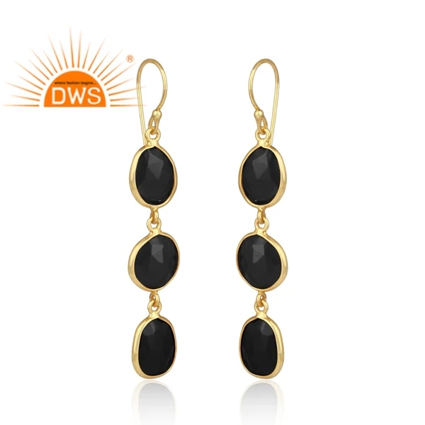 Fabulous Indian Gold Plated Designer Silver Bezel Set Drop Earrings Black Onyx Gemstone Earrings Jewelry Manufacturer