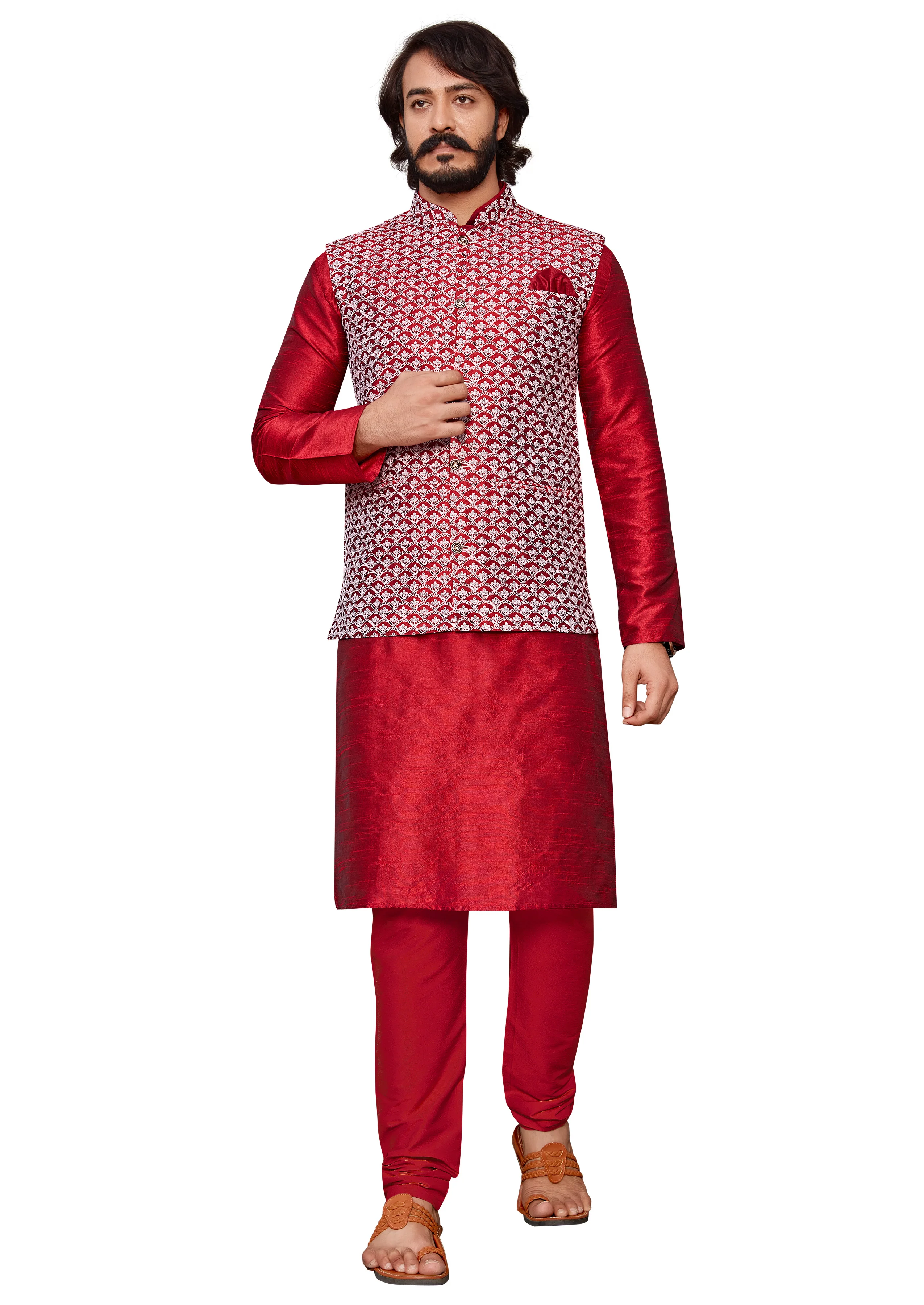 
Lucknowi Work Kurta Pajama With Modi Jacket Mens wear Collection 