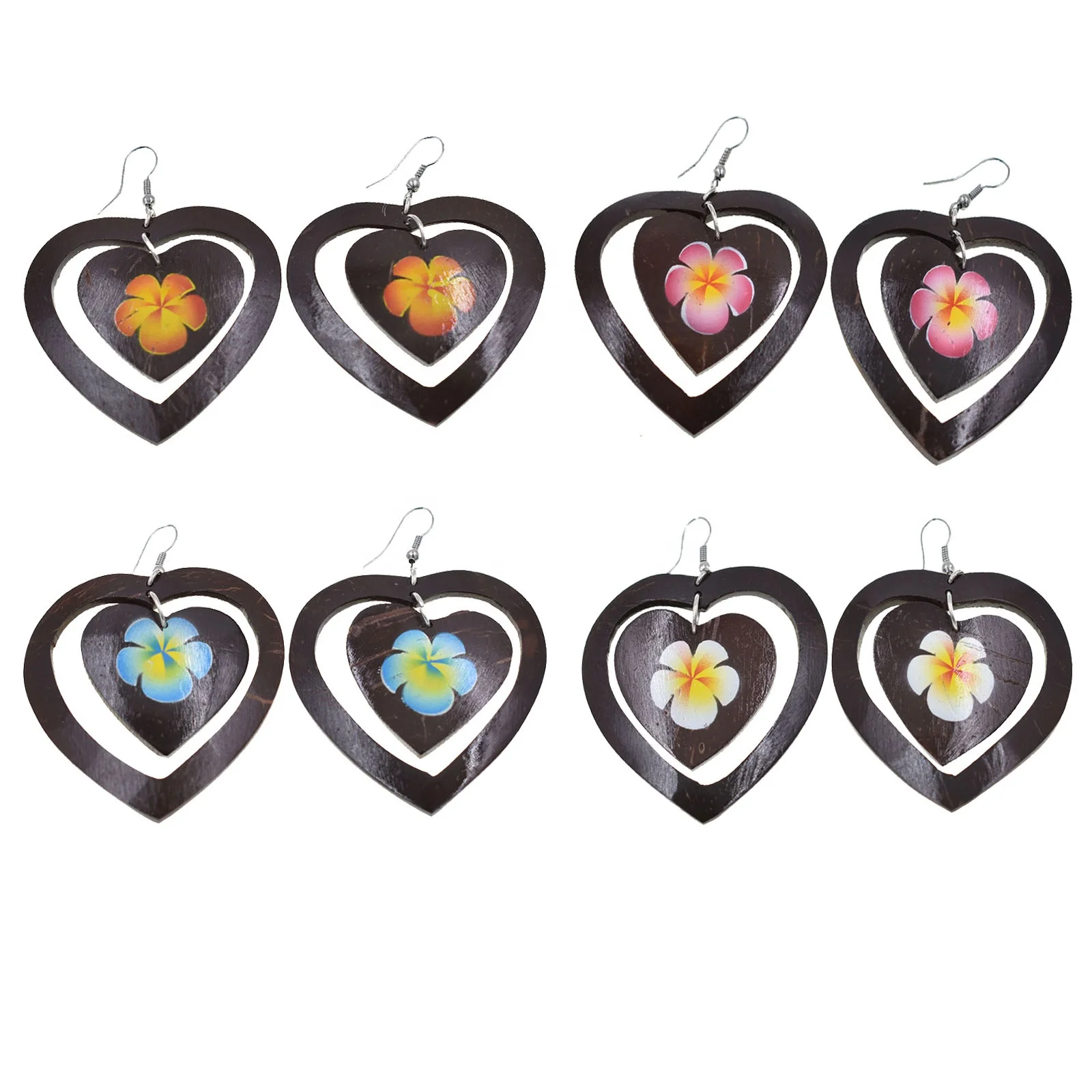 Fashion Earring Handcraft Coconut Heart Pendant Multi layers Dangle Coconut Earrings Floral Painted