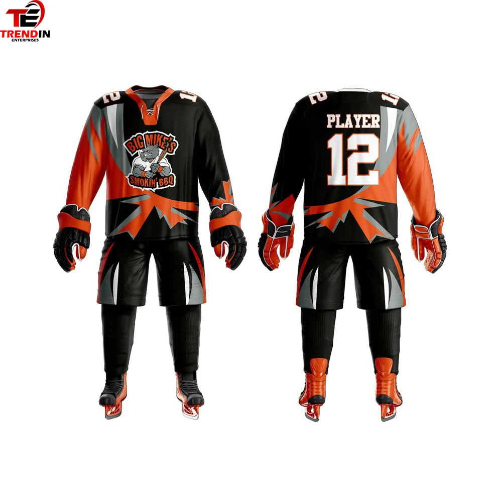 Униформа для хоккея с сублимационной печатью 100% полиэстер дышащая ткань мужские комплекты шайбой по низкой цене