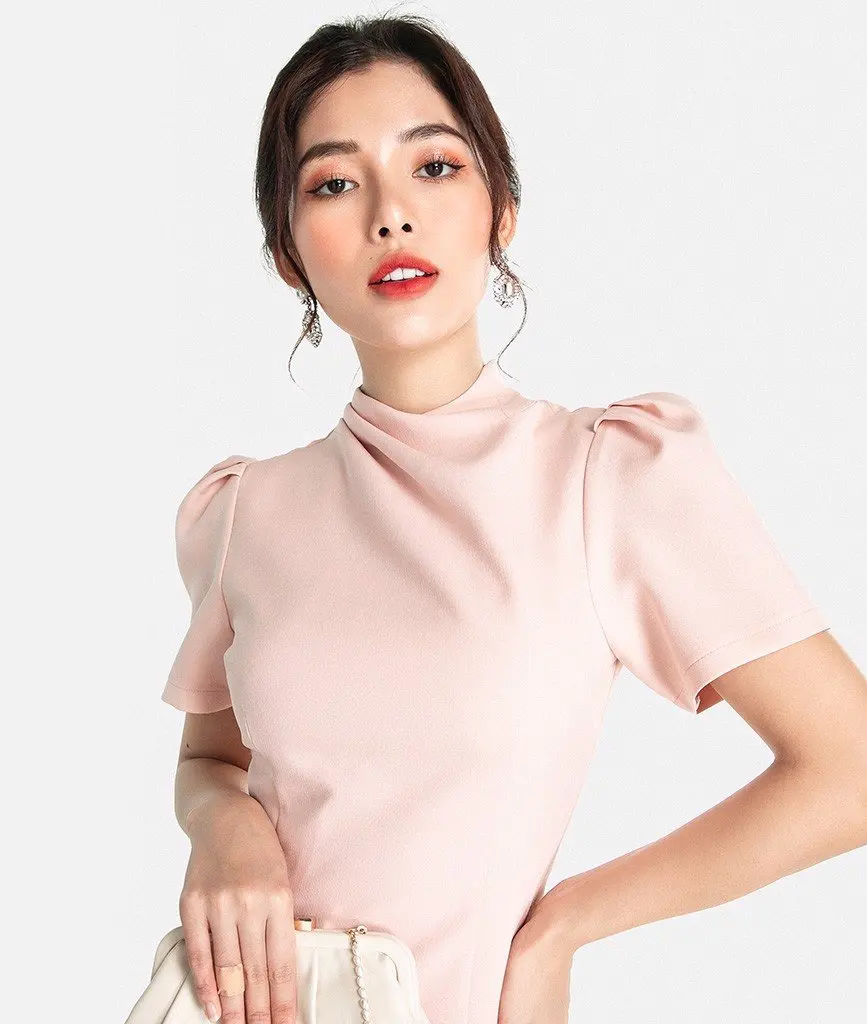 OEM/ODM Custom Women Modern Chinese Style Dress Layer Puff Sleeve Turtle Neck Mini Date Dresses