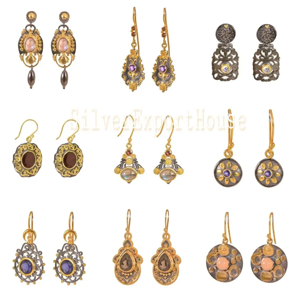 Indian Handmade Natural Stone Plain Silver Gold Plated Black Rhodium 925 Sterling Silver Jewelry Round Earrings