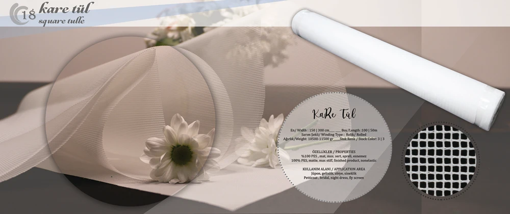 100% (PES) Polyester Bridal Wedding Mesh Square Tulle Mesh Fabric Bridal Tulle 3 Colors 70-77 gsm Wholesale Manufacturer Matte F