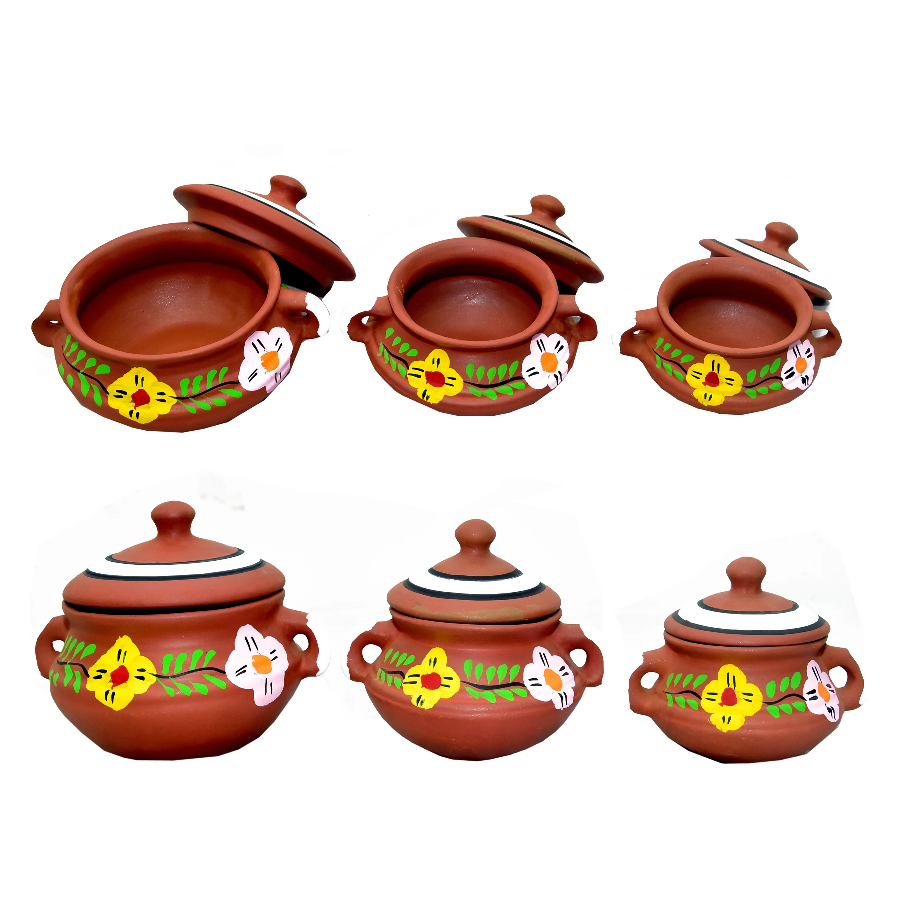 Earthen Brown handmade clay cooking utensils round clay Indian mathani round handi pot with handle of high quality