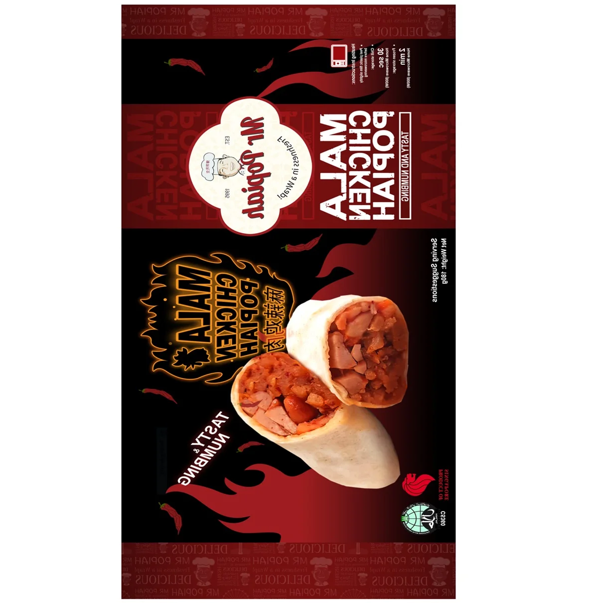 Singapore Best Quality 150g Adults Microwavable Wraps Ready to Eat Food Frozen Mala Chicken Wrap In Bag Packaging