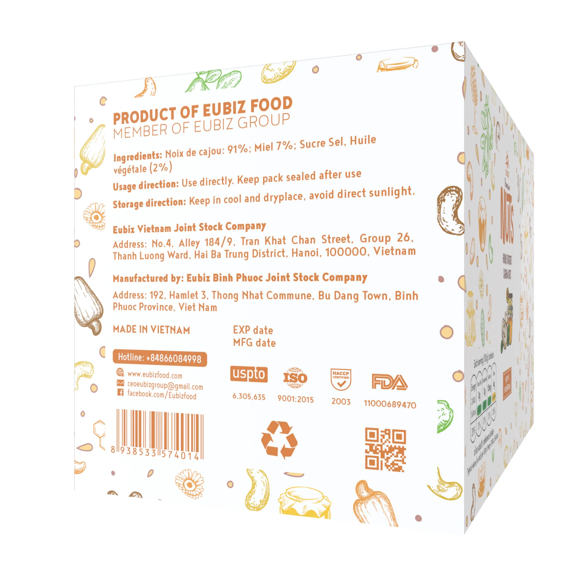 EUBIZ Cashew nuts Flavor Honey - Flavoured Cashew Nuts - No Testa Shell - Box (paper) 500g (17.7 OZ) - in VietNam