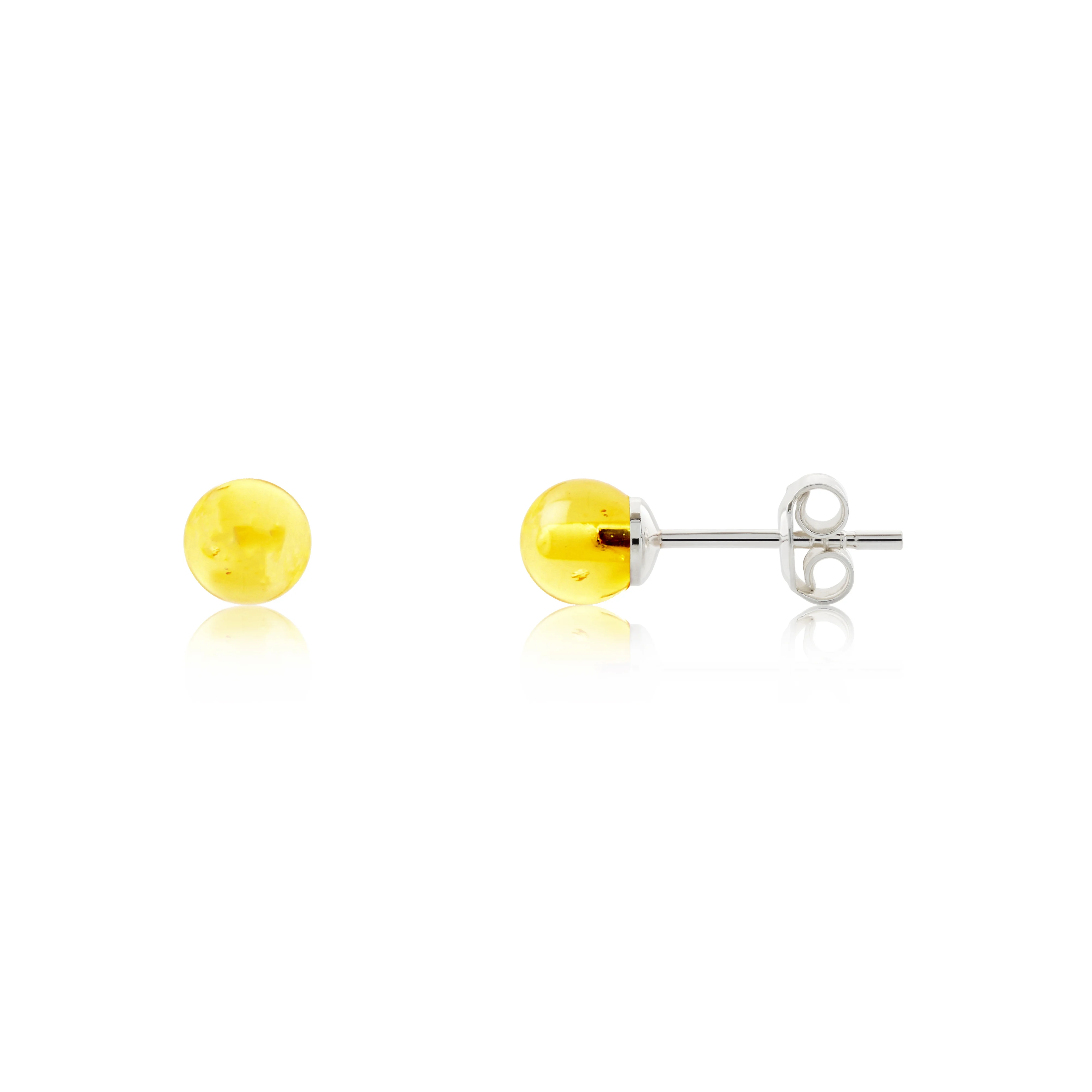 Round Amber Bead Stud Earrings With Sterling Silver, Genuine Baltic Amber, 8 Colors Available