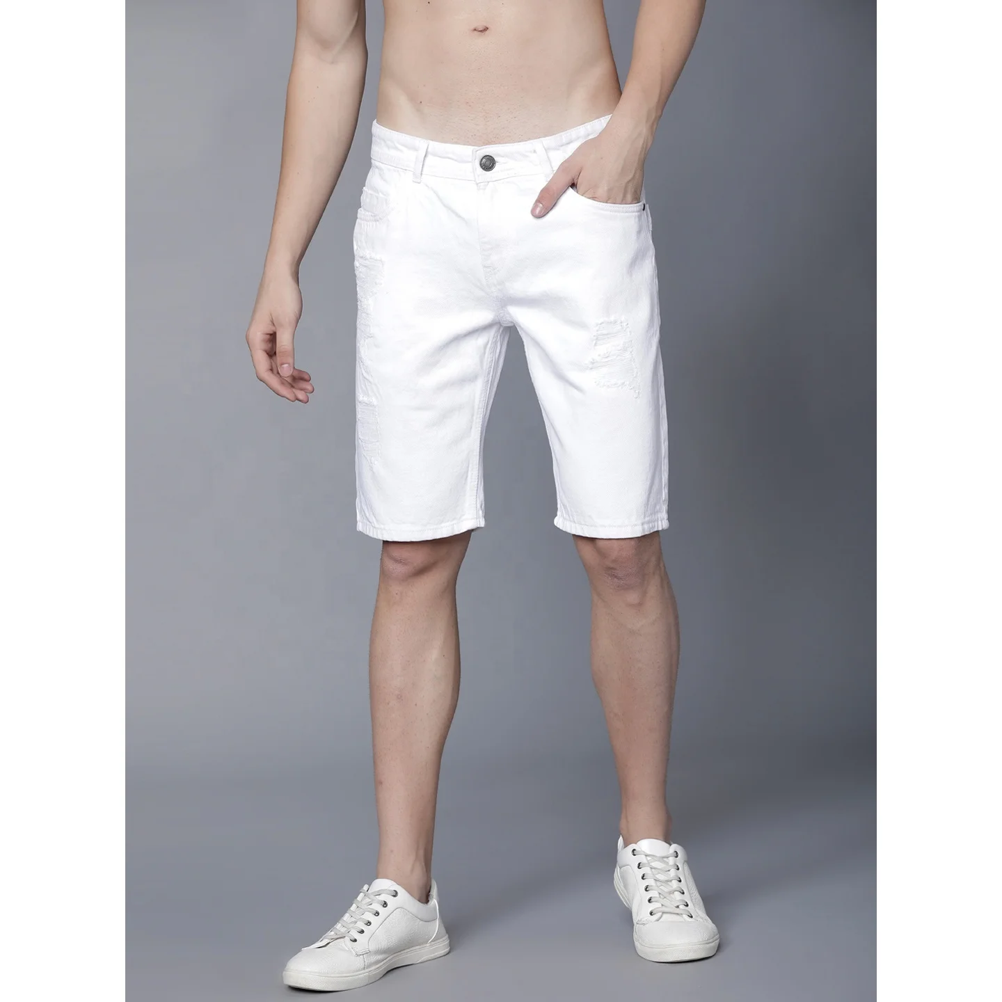 Two Deep Side Hem Pockets summer ripped white denim shorts for men jeans