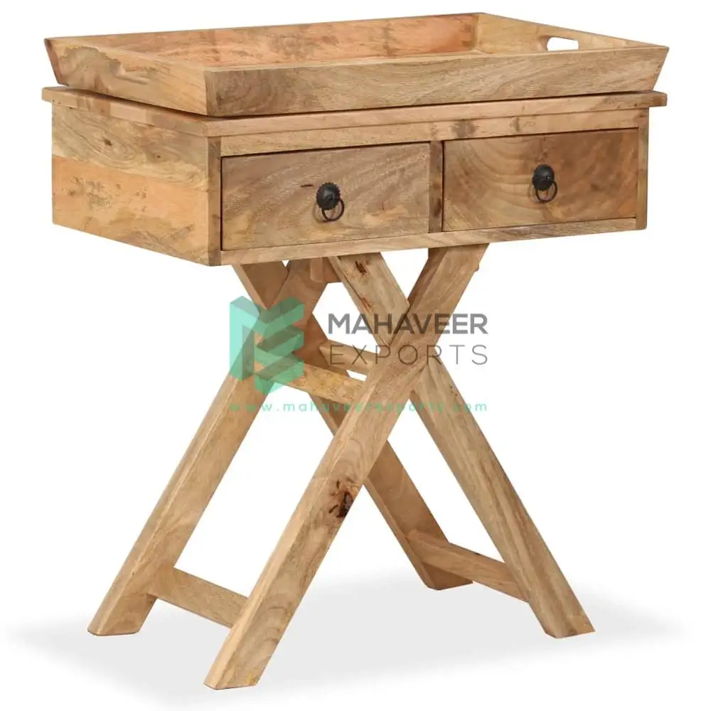 Modern Living Room 2 Drawer 1 Tray Foldable Console Sideboard Mango Wood Furniture