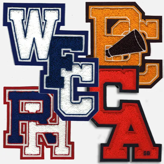 Custom letter mascot number nameplates academic chevrons stars bars letterman jacket hoodie embroidery chenille patches