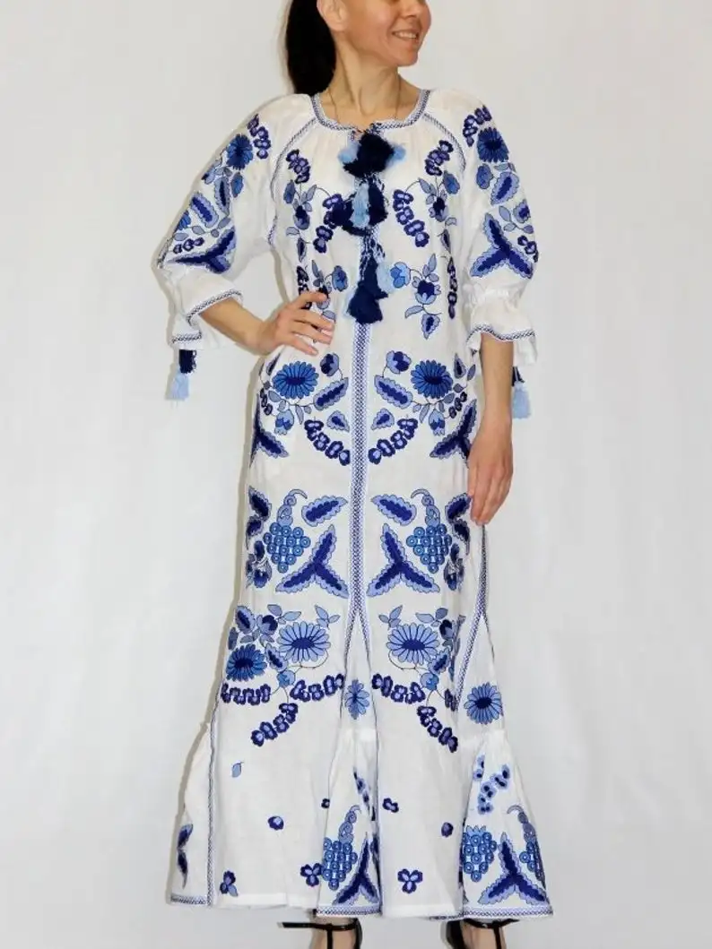 
winter stylish women ukrainian jacket floral embroidery work puff long sleeve full length ukrainian jacket dress 