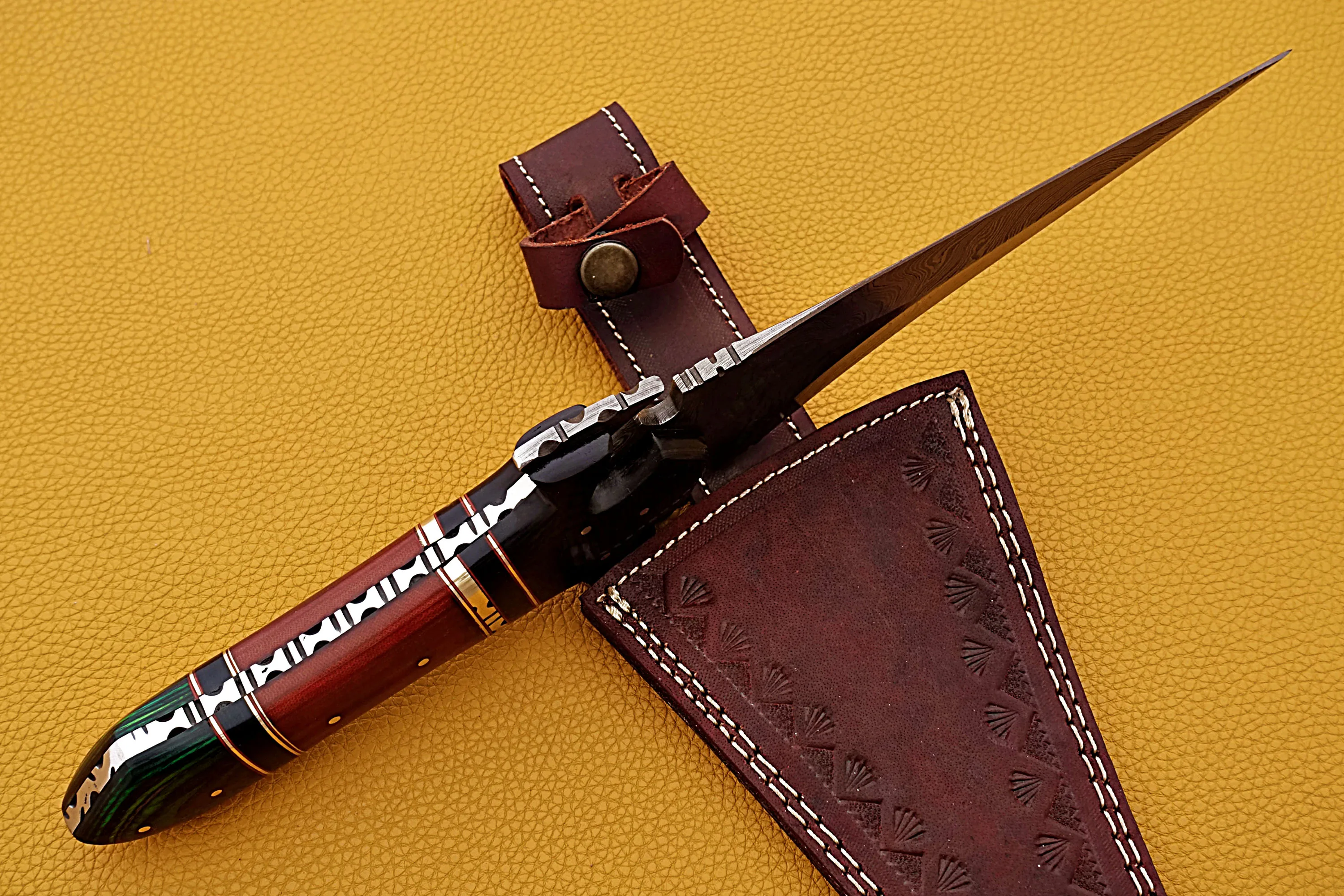 Handmade Damascus Steel Hunting Knife With Pakka Wood Handle And Fine Leather Sheath Outdoor Knife Wholesale Knife