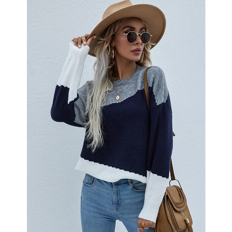 Hot Sale Women Pullover Crew Neck Color Block Long Sleeves Sweater Girls Stylish Knitted Pullover Sweater