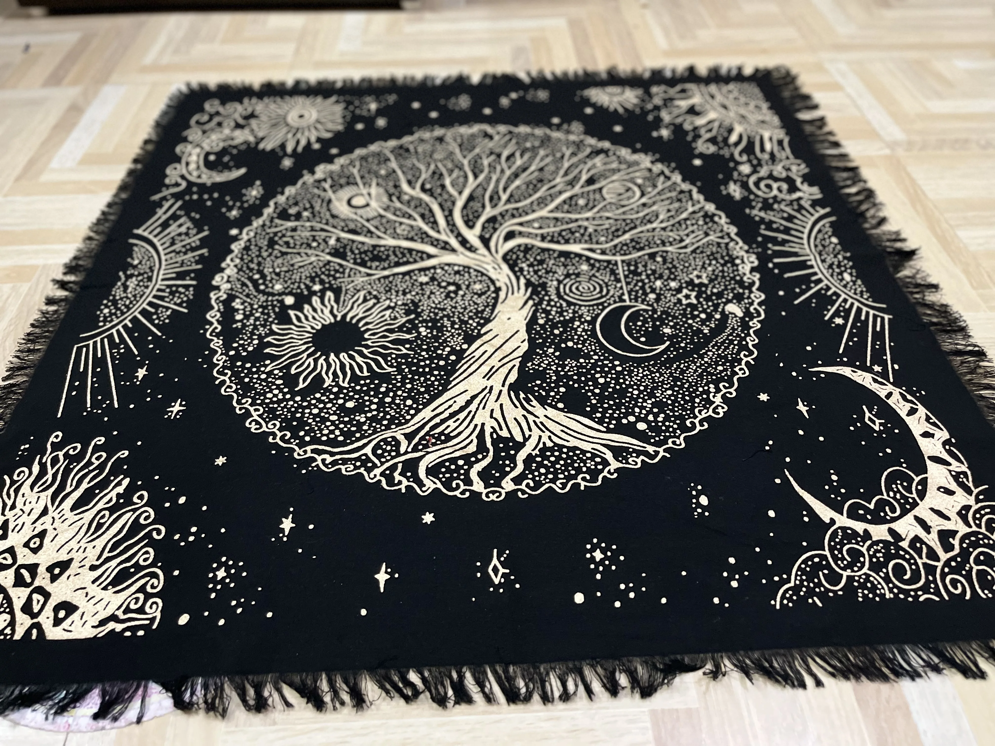 Handmade Bohemian Cotton Square Table Cover Celestial Tree of Life Tarot Spread Indian Woven Tapestry