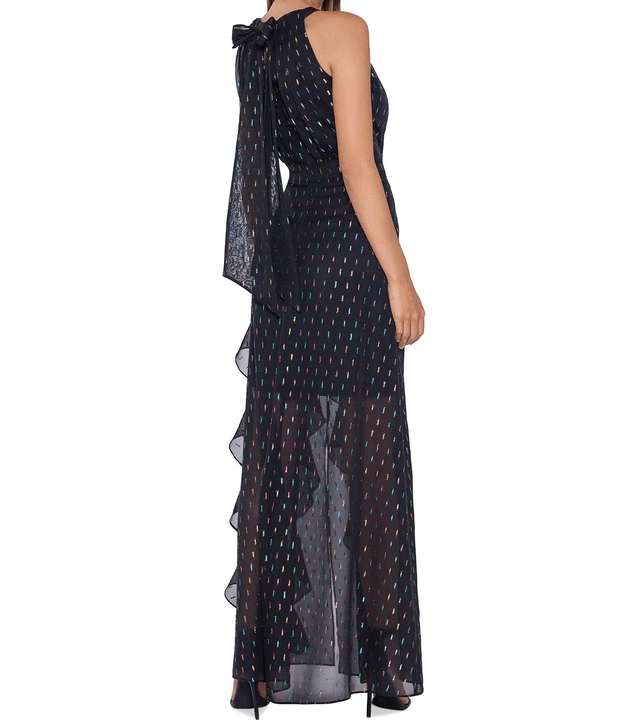 A Chic Choice For Weddings And Formal Events Flowing One Piece Dress Features Halter Neckline Colorful Clip Dot  Great  Texture