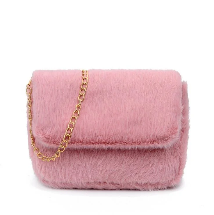 2020 Wholesale winter fluffy faux fur shoulder bags women fur tote handbags ladies winter purse handbags with chain