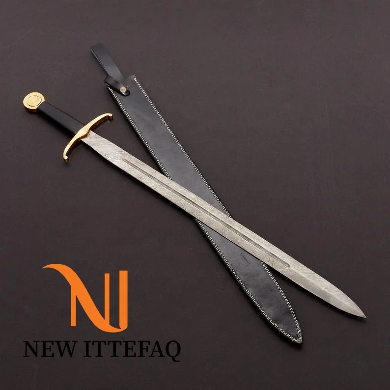 
NEW ITTEFAQ | Custom handmade Damascus steel long sword with best custom leather sheath 