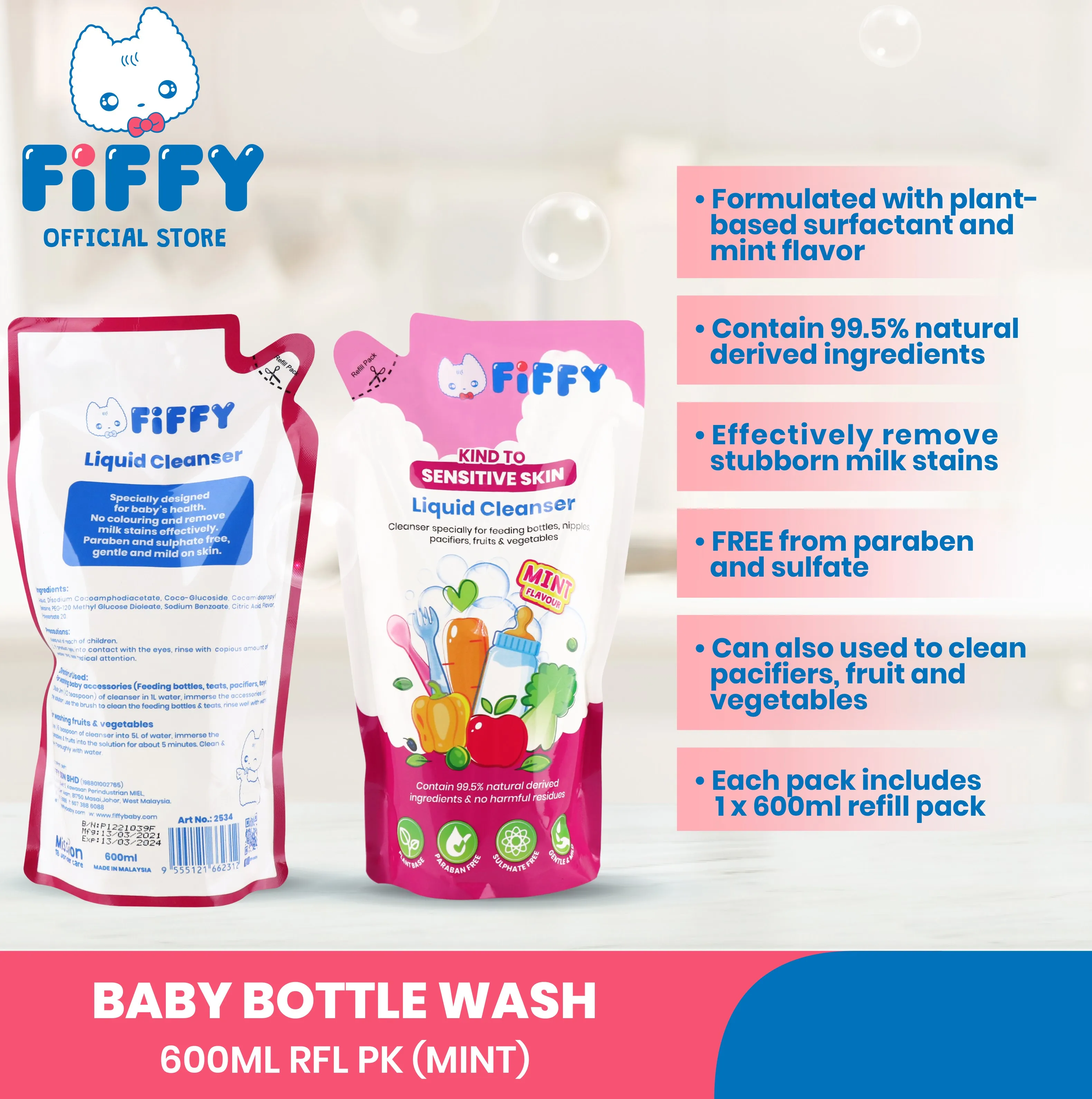 FIFFY Baby Plant based Baby Bottle Wash, Fruit and Vegetable Wash Bottle Liquid Cleanser (Refill Pack)
