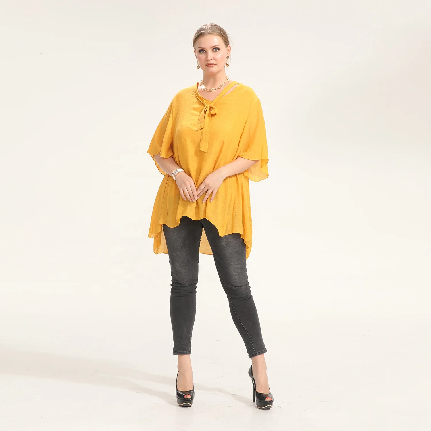 Simple Design Bow Tie Collar Yellow Color Half Sleeve Casual Dress Double Layers Wholesale Fashion Clothing