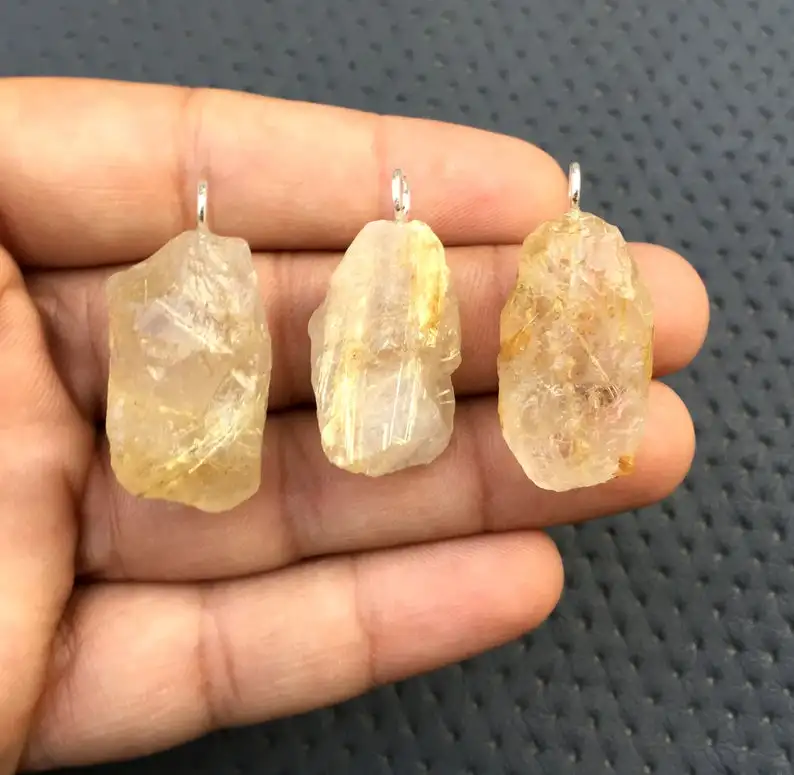 Genuine Beautiful 3 Pieces Natural Golden Rutile Untreated Rough Gemstone 92.5 Sterling Silver Pendant Wholesale